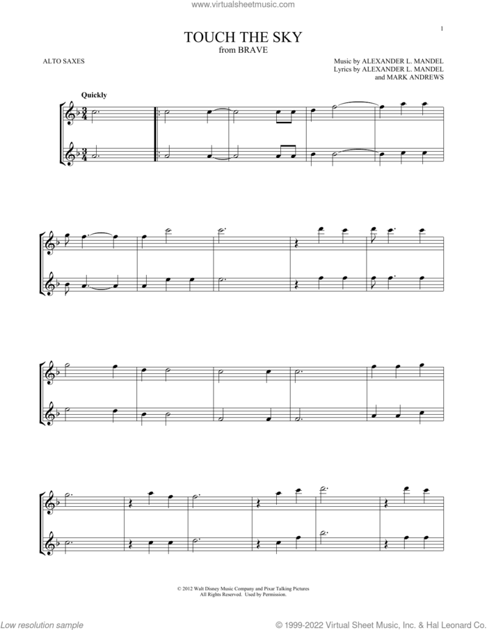 Touch The Sky (from Brave) sheet music for two alto saxophones (duets) by Julie Fowlis, Alexander L. Mandel and Mark Andrews, intermediate skill level