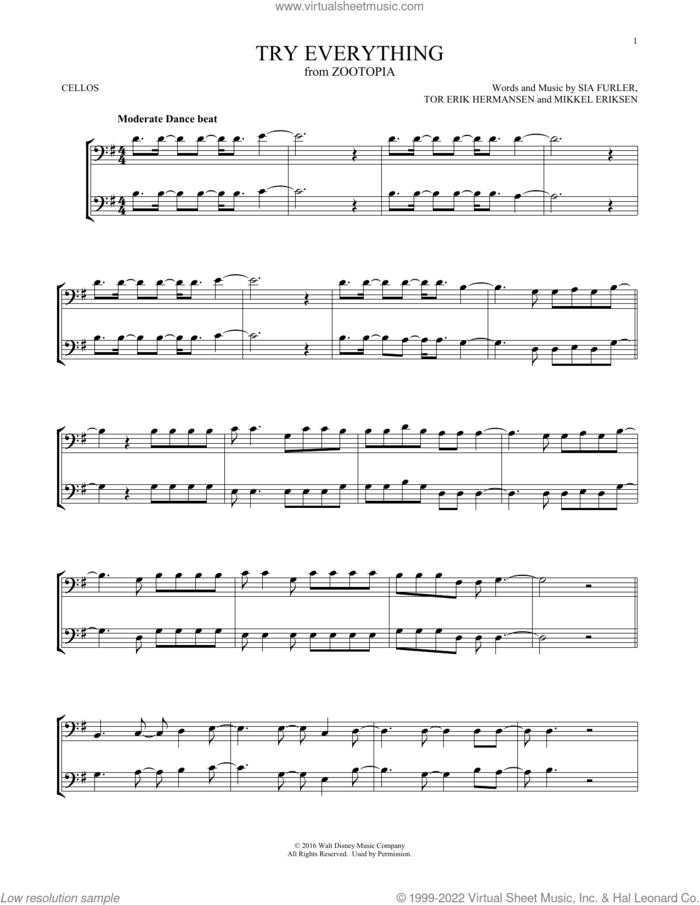 Try Everything (from Zootopia) sheet music for two cellos (duet, duets) by Shakira, Mikkel Eriksen, Sia Furler and Tor Erik Hermansen, intermediate skill level