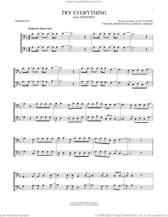 Try Everything (from Zootopia) sheet music for two trombones (duet, duets) by Shakira, Mikkel Eriksen, Sia Furler and Tor Erik Hermansen, intermediate skill level