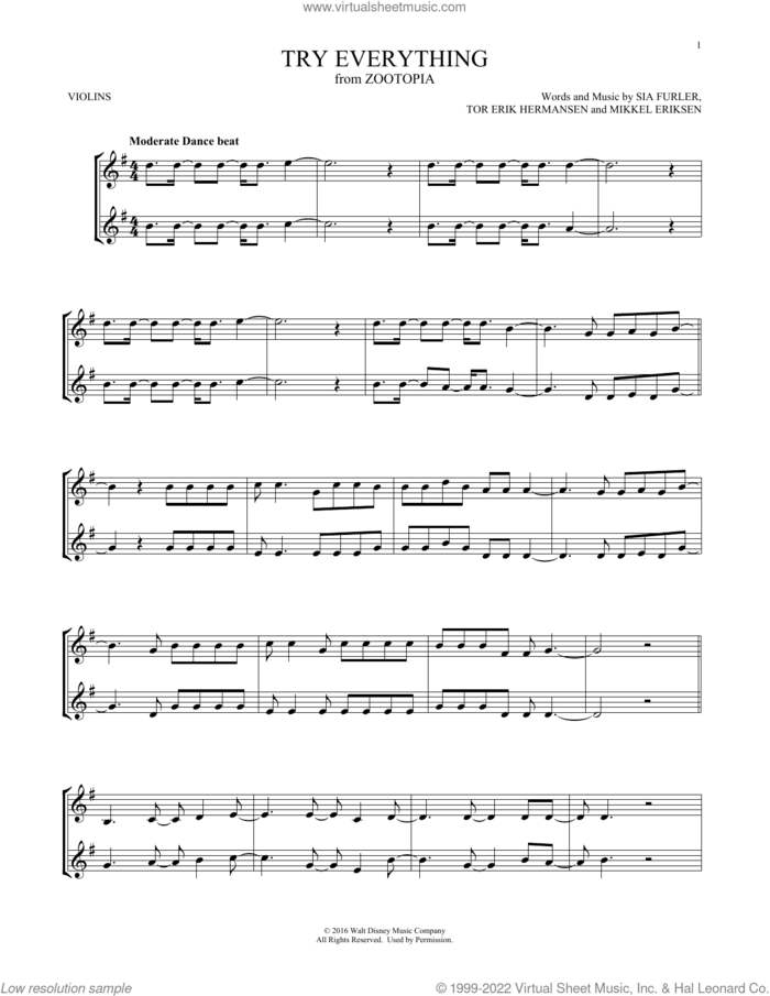Try Everything (from Zootopia) sheet music for two violins (duets, violin duets) by Shakira, Mikkel Eriksen, Sia Furler and Tor Erik Hermansen, intermediate skill level