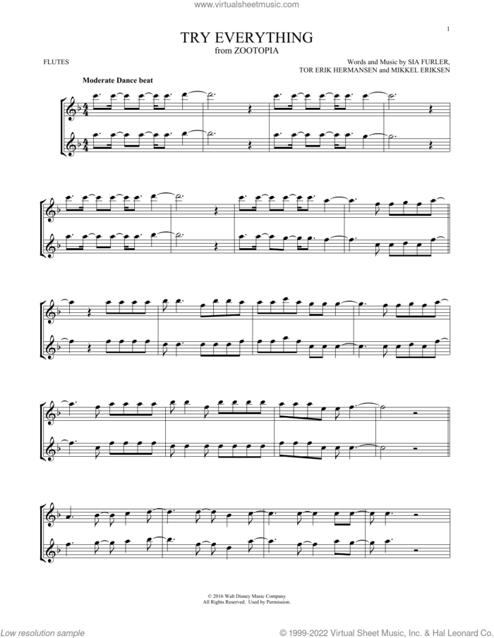Try Everything (from Zootopia) sheet music for two flutes (duets) by Shakira, Mikkel Eriksen, Sia Furler and Tor Erik Hermansen, intermediate skill level