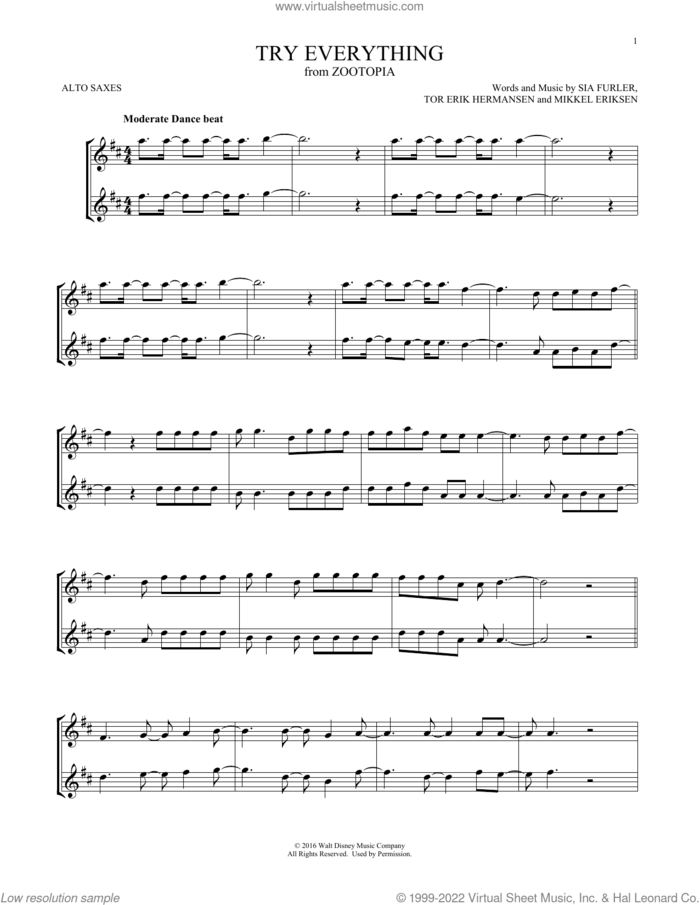 Try Everything (from Zootopia) sheet music for two alto saxophones (duets) by Shakira, Mikkel Eriksen, Sia Furler and Tor Erik Hermansen, intermediate skill level