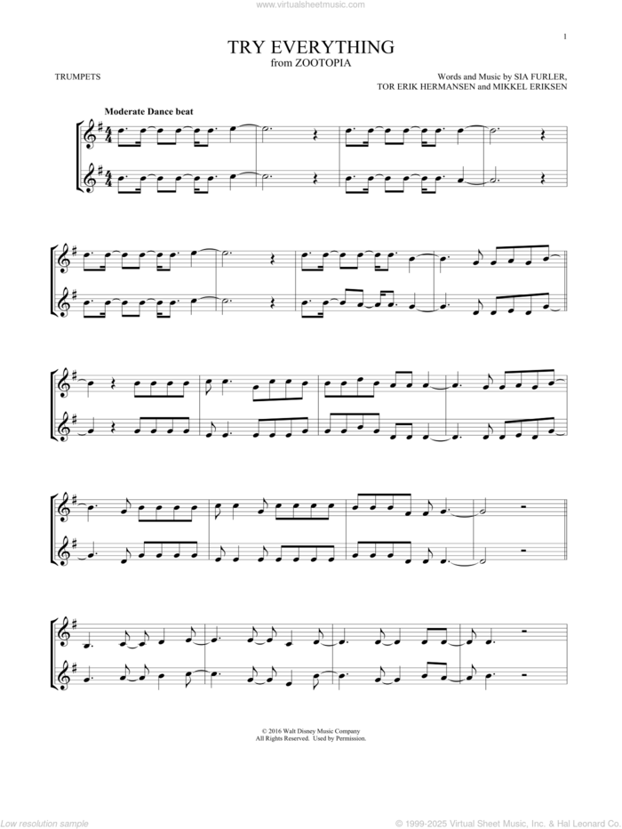 Try Everything (from Zootopia) sheet music for two trumpets (duet, duets) by Shakira, Mikkel Eriksen, Sia Furler and Tor Erik Hermansen, intermediate skill level