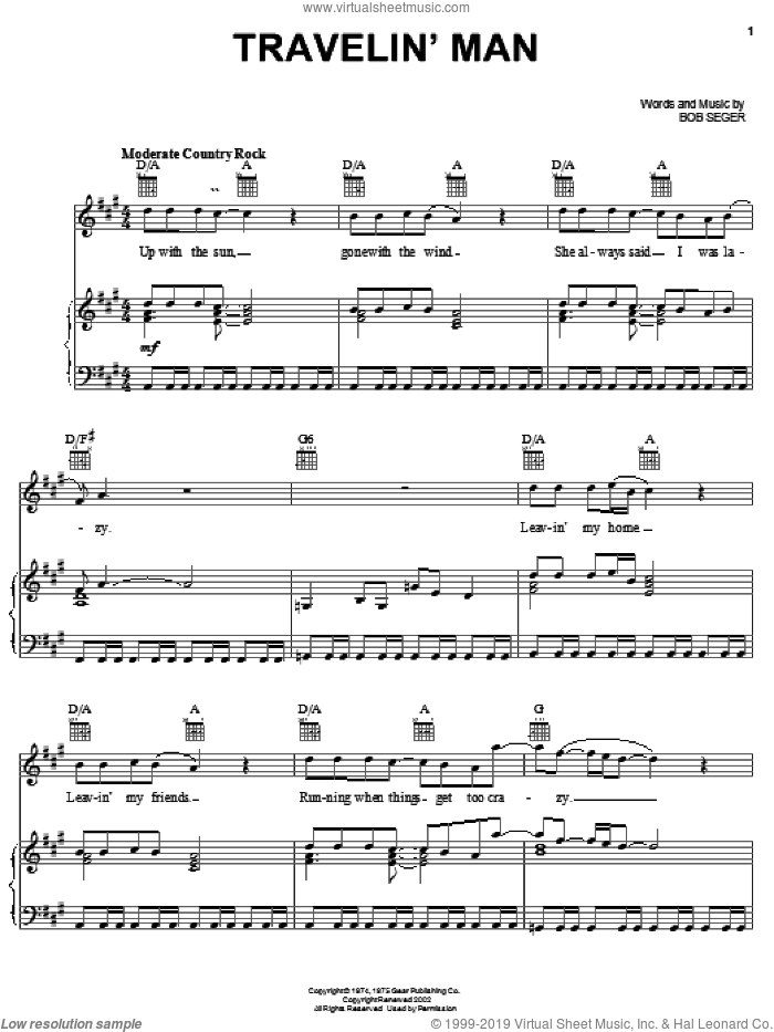 Travelin' Man sheet music for voice, piano or guitar by Bob Seger, intermediate skill level