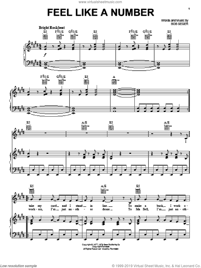 Feel Like A Number sheet music for voice, piano or guitar by Bob Seger, intermediate skill level