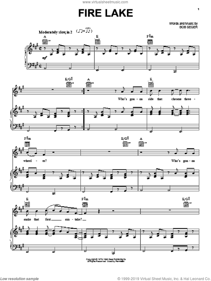 Fire Lake sheet music for voice, piano or guitar by Bob Seger, intermediate skill level