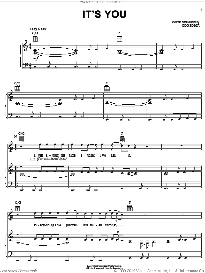 It's You sheet music for voice, piano or guitar by Bob Seger, intermediate skill level