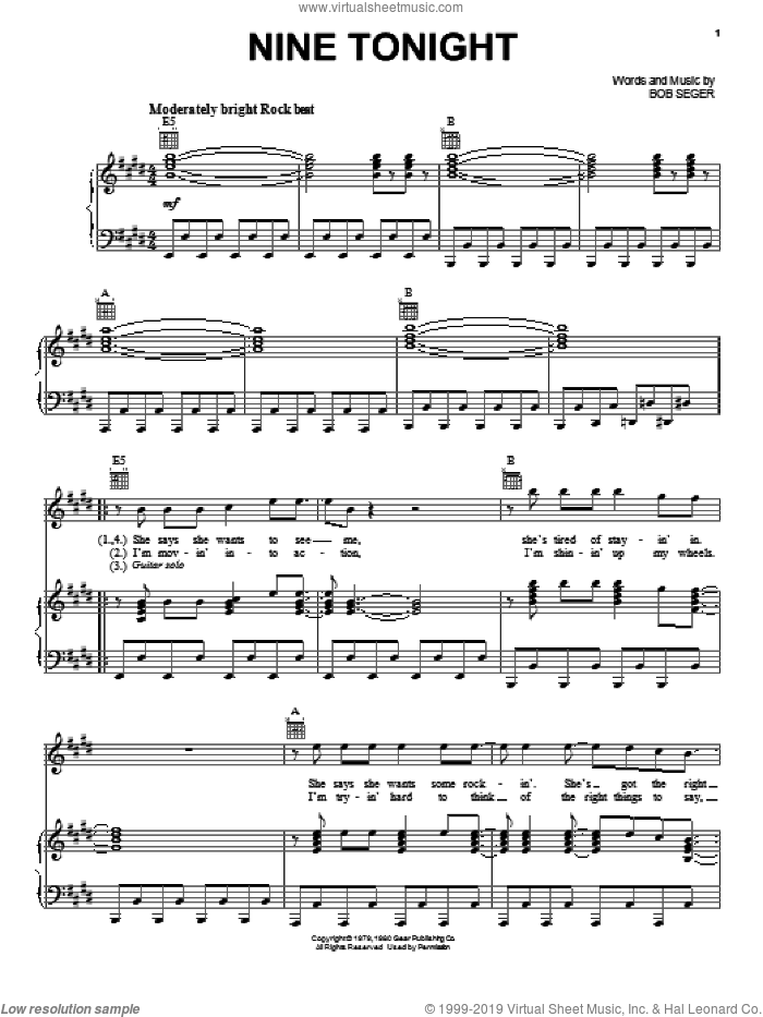 Nine Tonight sheet music for voice, piano or guitar by Bob Seger, intermediate skill level