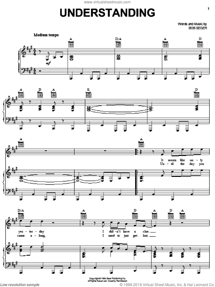 Understanding sheet music for voice, piano or guitar by Bob Seger, intermediate skill level
