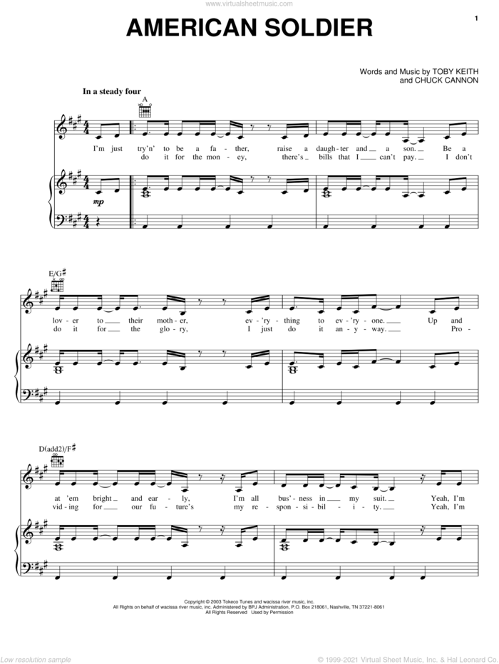 American Soldier sheet music for voice, piano or guitar by Toby Keith and Chuck Cannon, intermediate skill level
