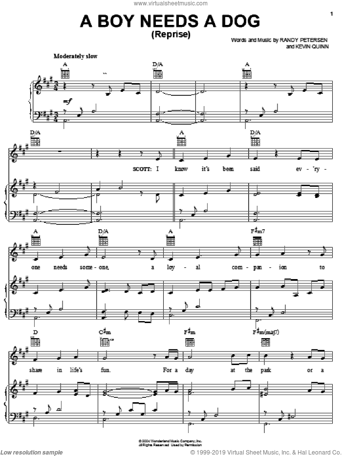 A Boy Needs A Dog (Reprise) sheet music for voice, piano or guitar by Randy Petersen and Kevin Quinn, intermediate skill level