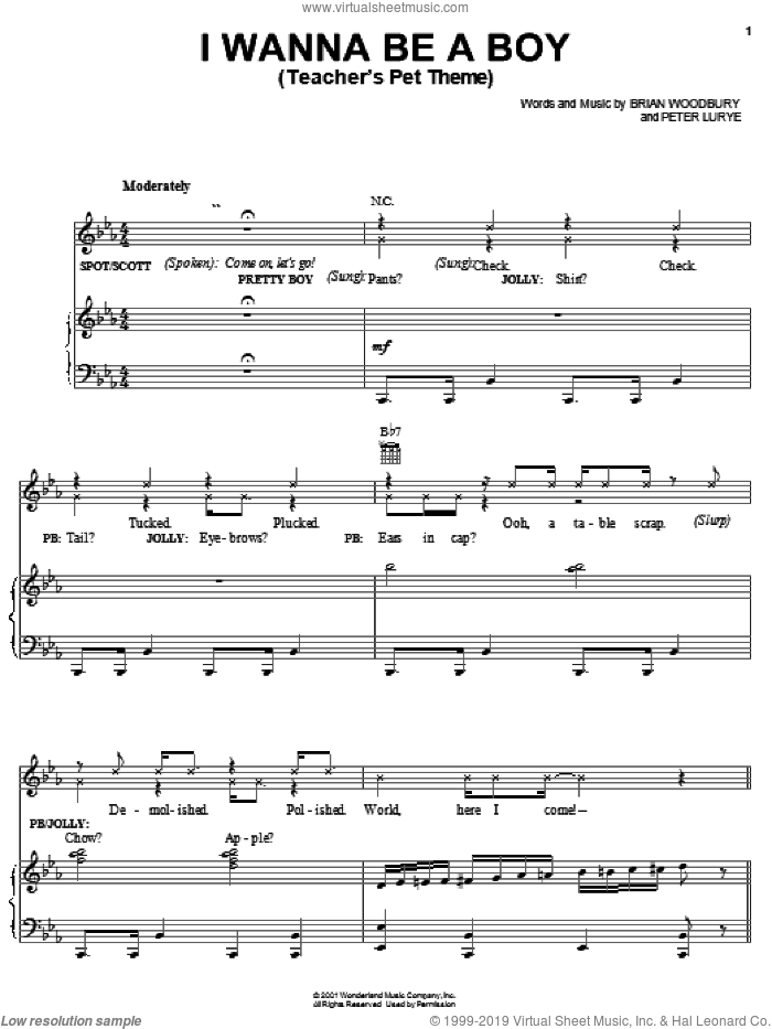 I Wanna Be A Boy (Teacher's Pet Theme) sheet music for voice, piano or guitar by Brian Woodbury and Peter Lurye, intermediate skill level