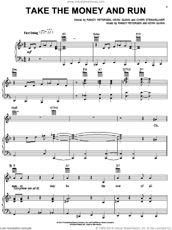 Take The Money And Run sheet music for voice, piano or guitar by Randy Petersen, Cheri Steinkellner and Kevin Quinn, intermediate skill level