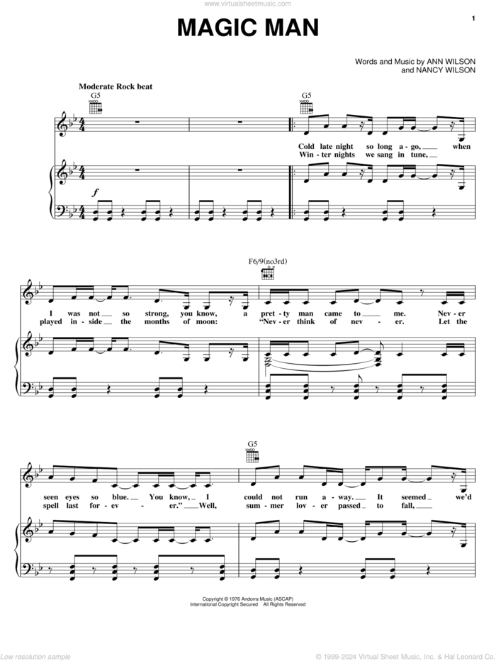 Magic Man sheet music for voice, piano or guitar by Heart, Ann Wilson and Nancy Wilson, intermediate skill level