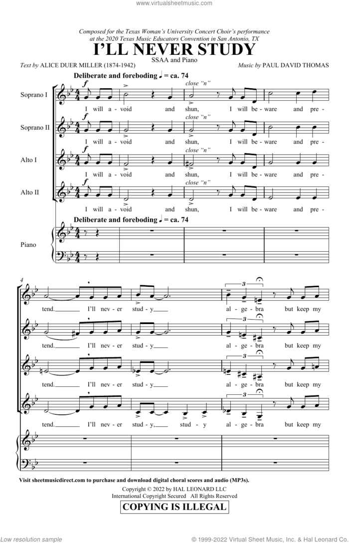 I'll Never Study sheet music for choir (SSA: soprano, alto) by Paul David Thomas and Alice Duer Miller, intermediate skill level