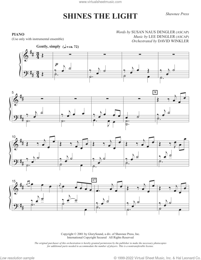 Shines The Light sheet music for orchestra/band (piano) by Lee Dengler and Susan Naus Dengler, intermediate skill level
