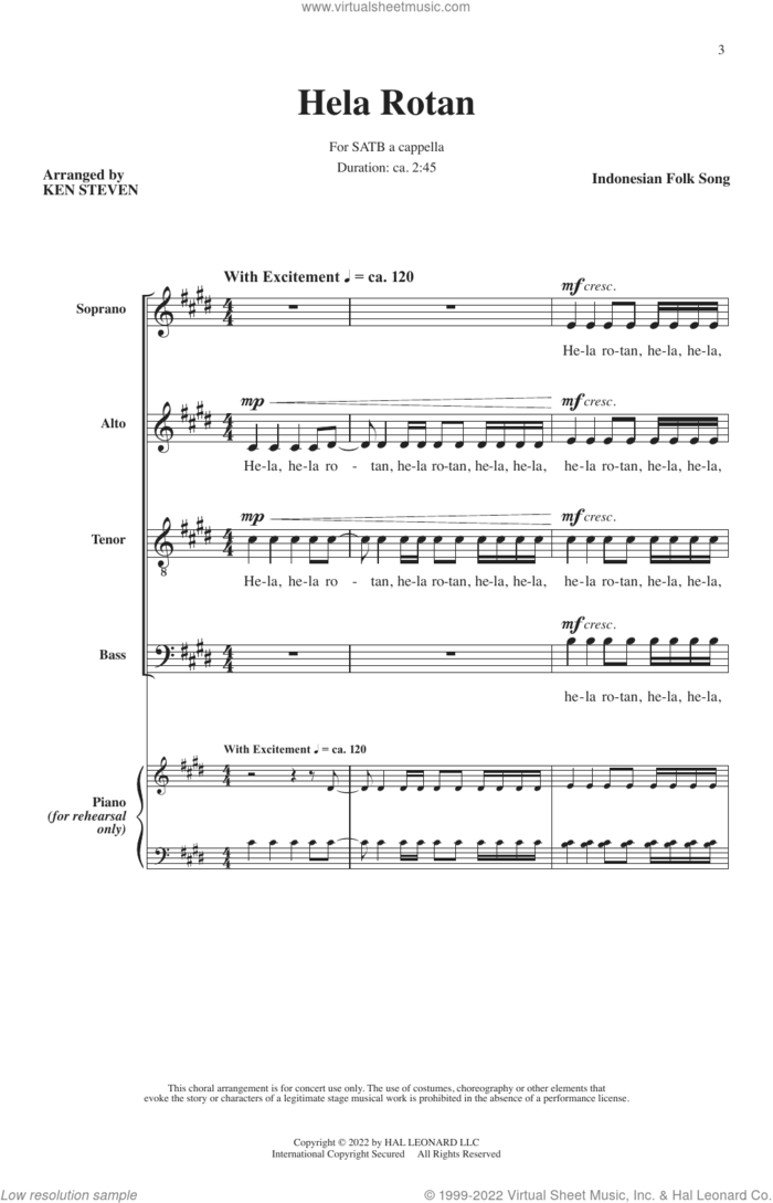 Hela Rotan (arr. Ken Steven) sheet music for choir (SATB: soprano, alto, tenor, bass) by Indonesian Folk Song and Ken Steven, intermediate skill level