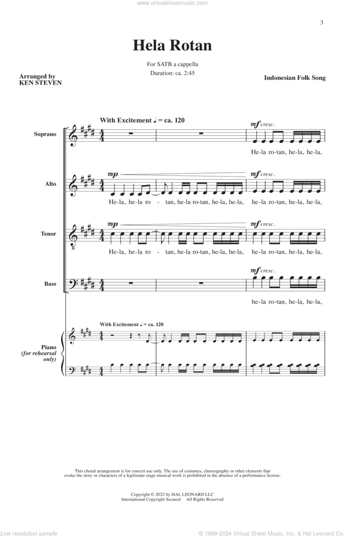 Hela Rotan (arr. Ken Steven) sheet music for choir (SATB: soprano, alto, tenor, bass) by Indonesian Folk Song and Ken Steven, intermediate skill level