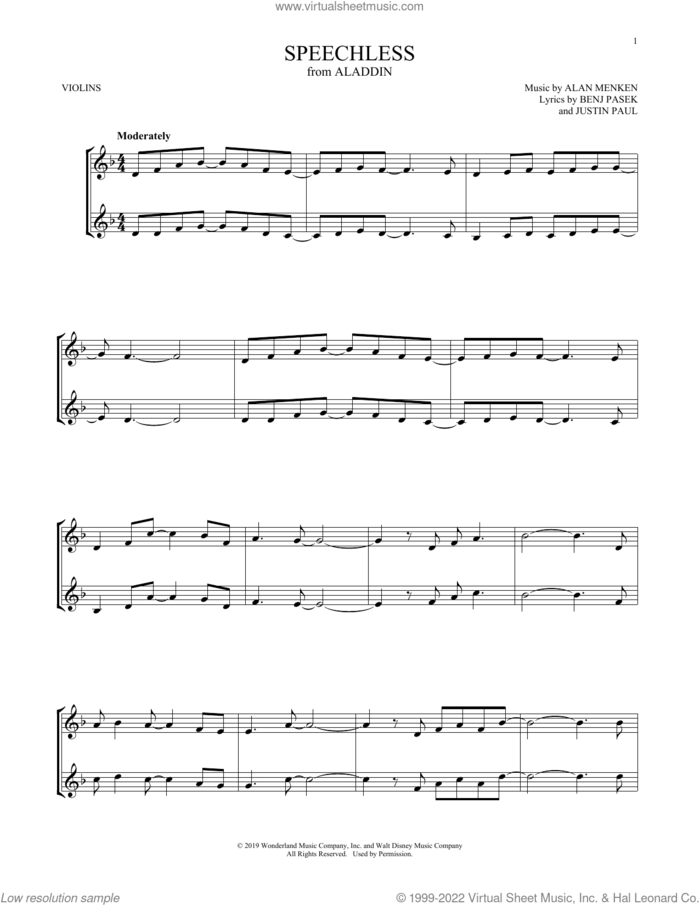 Speechless (from Aladdin) sheet music for two violins (duets, violin duets) by Naomi Scott, Alan Menken, Benj Pasek and Justin Paul, intermediate skill level