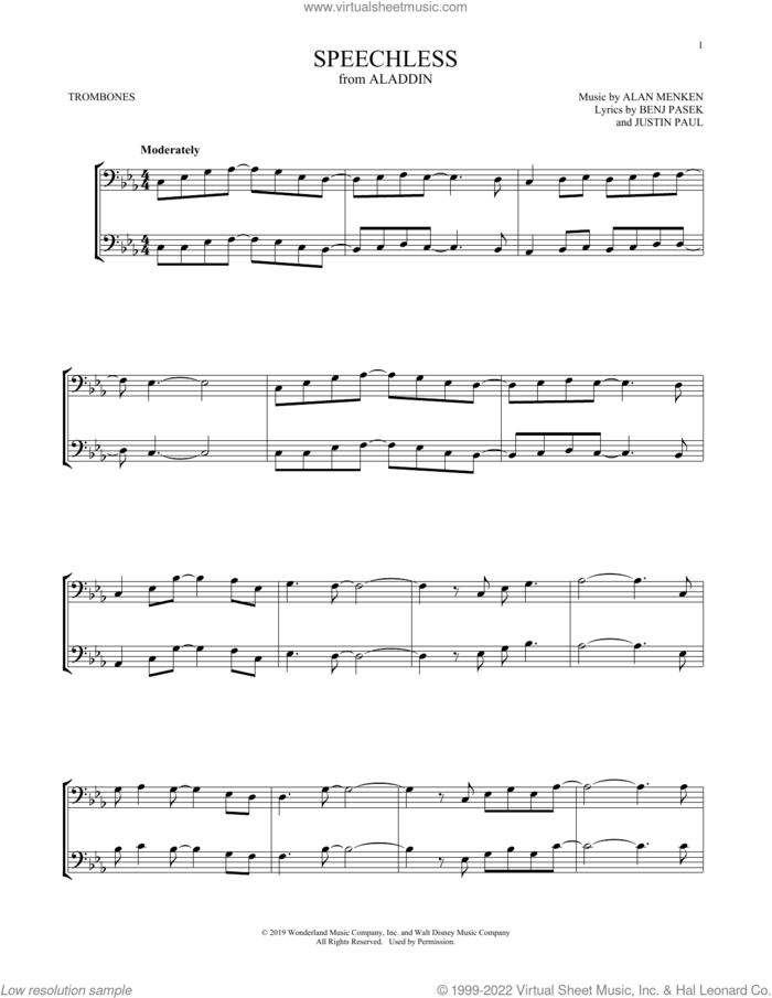 Speechless (from Aladdin) sheet music for two trombones (duet, duets) by Naomi Scott, Alan Menken, Benj Pasek and Justin Paul, intermediate skill level