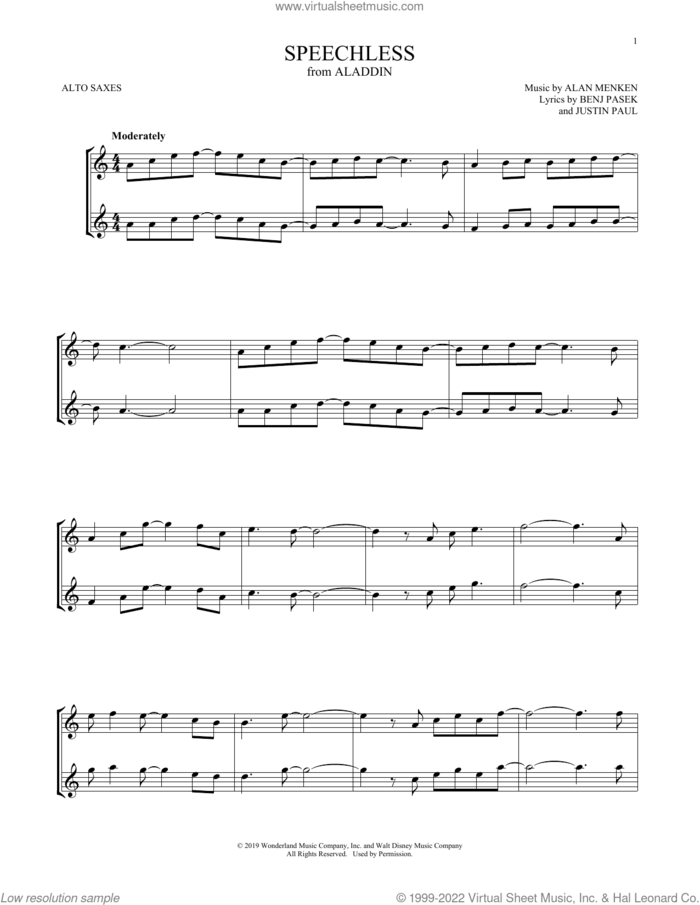 Speechless (from Aladdin) sheet music for two alto saxophones (duets) by Naomi Scott, Alan Menken, Benj Pasek and Justin Paul, intermediate skill level