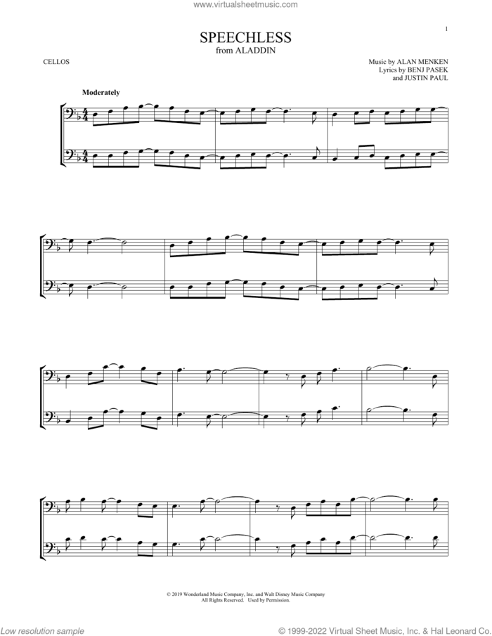 Speechless (from Aladdin) sheet music for two cellos (duet, duets) by Naomi Scott, Alan Menken, Benj Pasek and Justin Paul, intermediate skill level