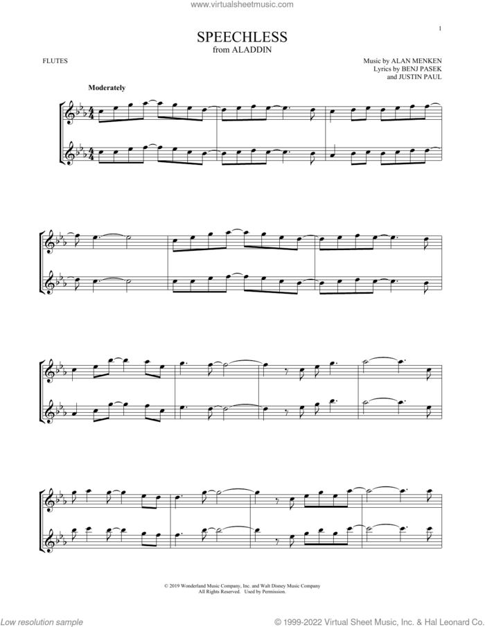 Speechless (from Aladdin) sheet music for two flutes (duets) by Naomi Scott, Alan Menken, Benj Pasek and Justin Paul, intermediate skill level