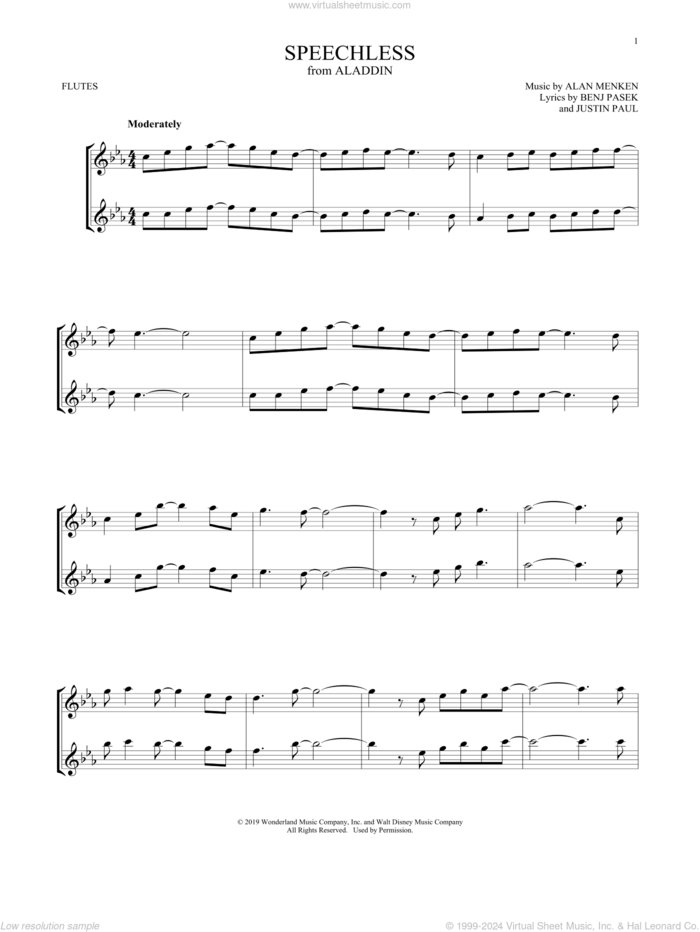 Speechless (from Aladdin) sheet music for two flutes (duets) by Naomi Scott, Alan Menken, Benj Pasek and Justin Paul, intermediate skill level