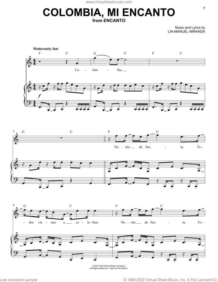 Colombia, Mi Encanto (from Encanto) sheet music for voice and piano by Lin-Manuel Miranda and Carlos Vives, intermediate skill level