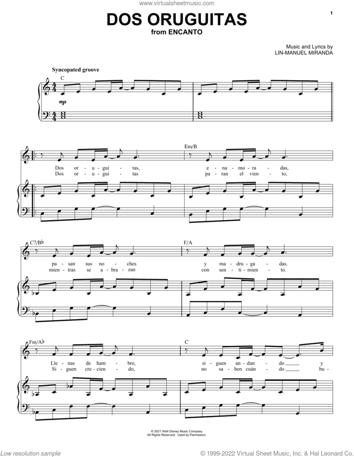 Dos Oruguitas (from Encanto) sheet music for voice and piano by Lin-Manuel Miranda and Sebastian Yatra, intermediate skill level