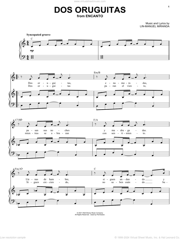 Dos Oruguitas (from Encanto) sheet music for voice and piano by Lin-Manuel Miranda and Sebastian Yatra, intermediate skill level