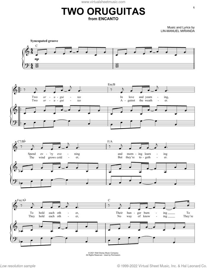 Two Oruguitas (from Encanto) sheet music for voice and piano by Lin-Manuel Miranda, intermediate skill level