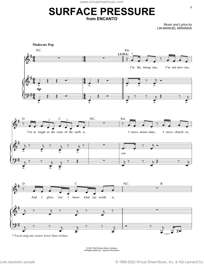 Surface Pressure (from Encanto) sheet music for voice and piano by Lin-Manuel Miranda and Jessica Darrow, intermediate skill level