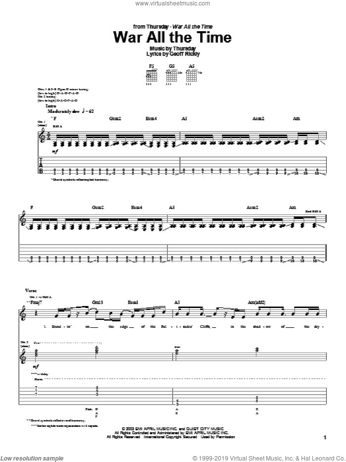 War All The Time sheet music for guitar (tablature) by Thursday and Geoff Rickly, intermediate skill level