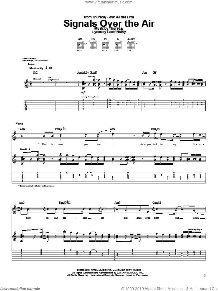 Signals Over The Air sheet music for guitar (tablature) by Thursday and Geoff Rickly, intermediate skill level