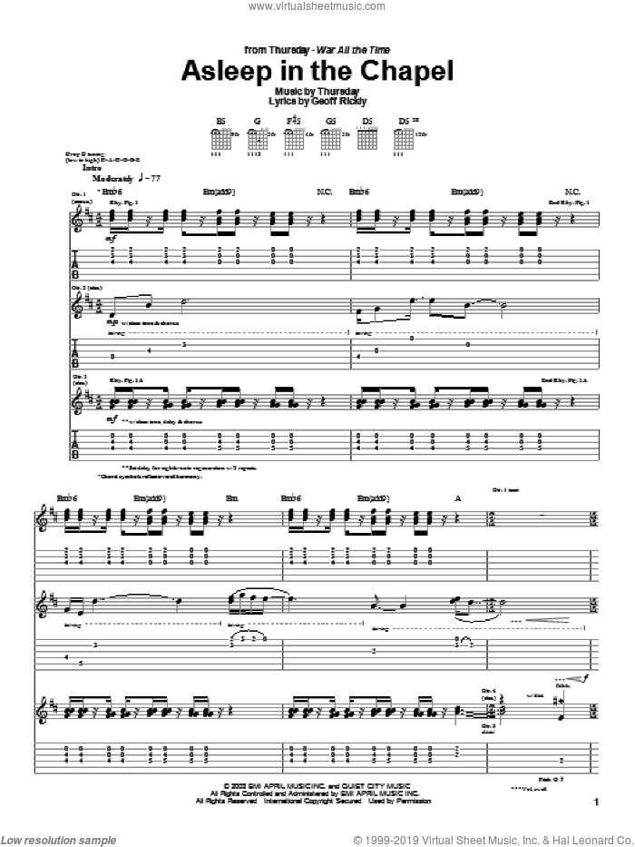 Asleep In The Chapel sheet music for guitar (tablature) by Thursday and Geoff Rickly, intermediate skill level