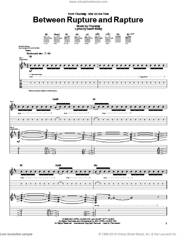 Between Rupture And Rapture sheet music for guitar (tablature) by Thursday and Geoff Rickly, intermediate skill level