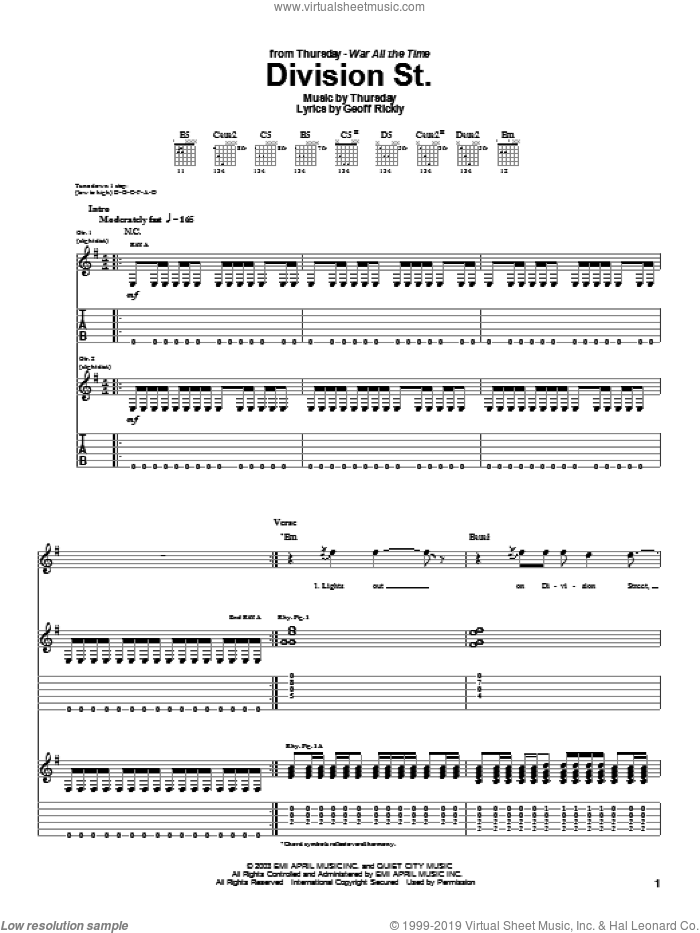 Division St. sheet music for guitar (tablature) by Thursday and Geoff Rickly, intermediate skill level