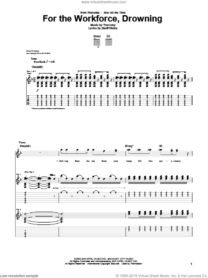For The Workforce, Drowning sheet music for guitar (tablature) by Thursday and Geoff Rickly, intermediate skill level