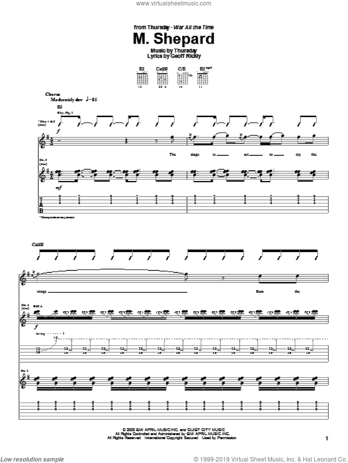 M. Shepard sheet music for guitar (tablature) by Thursday and Geoff Rickly, intermediate skill level