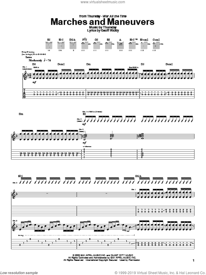 Marches And Maneuvers sheet music for guitar (tablature) by Thursday and Geoff Rickly, intermediate skill level