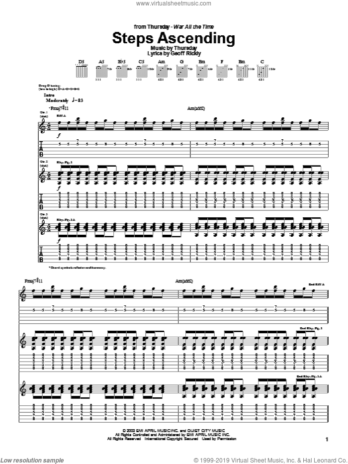 Steps Ascending sheet music for guitar (tablature) by Thursday and Geoff Rickly, intermediate skill level