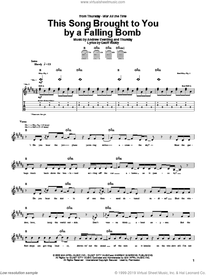 This Song Brought To You By A Falling Bomb sheet music for guitar (tablature) by Thursday, Andrew Everding and Geoff Rickly, intermediate skill level
