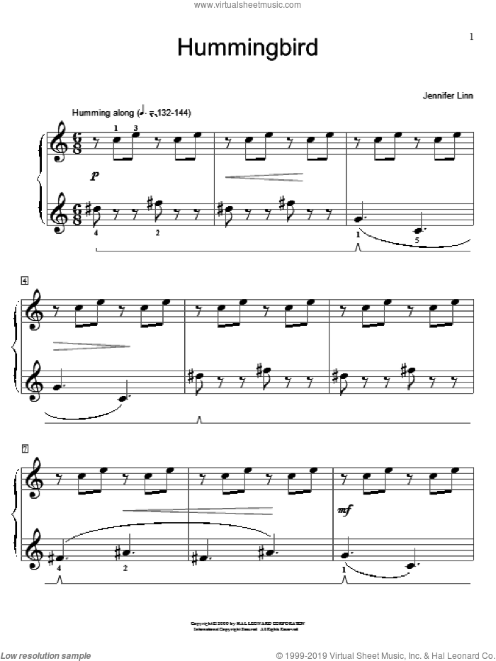 Hummingbird sheet music for piano solo (elementary) by Jennifer Linn and Miscellaneous, beginner piano (elementary)