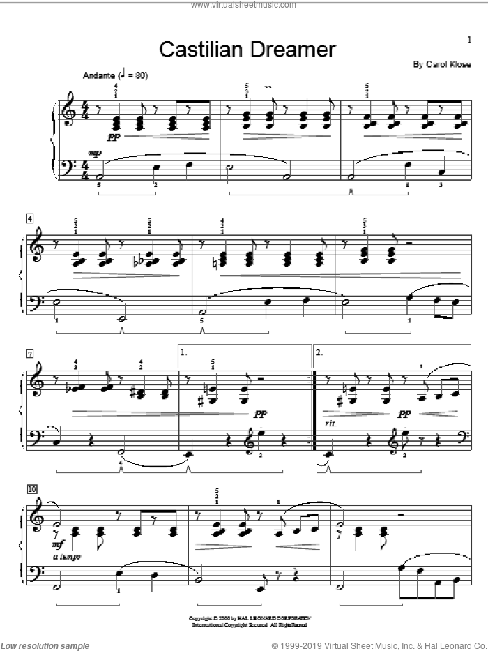 Castilian Dreamer sheet music for piano solo (elementary) by Carol Klose and Miscellaneous, beginner piano (elementary)