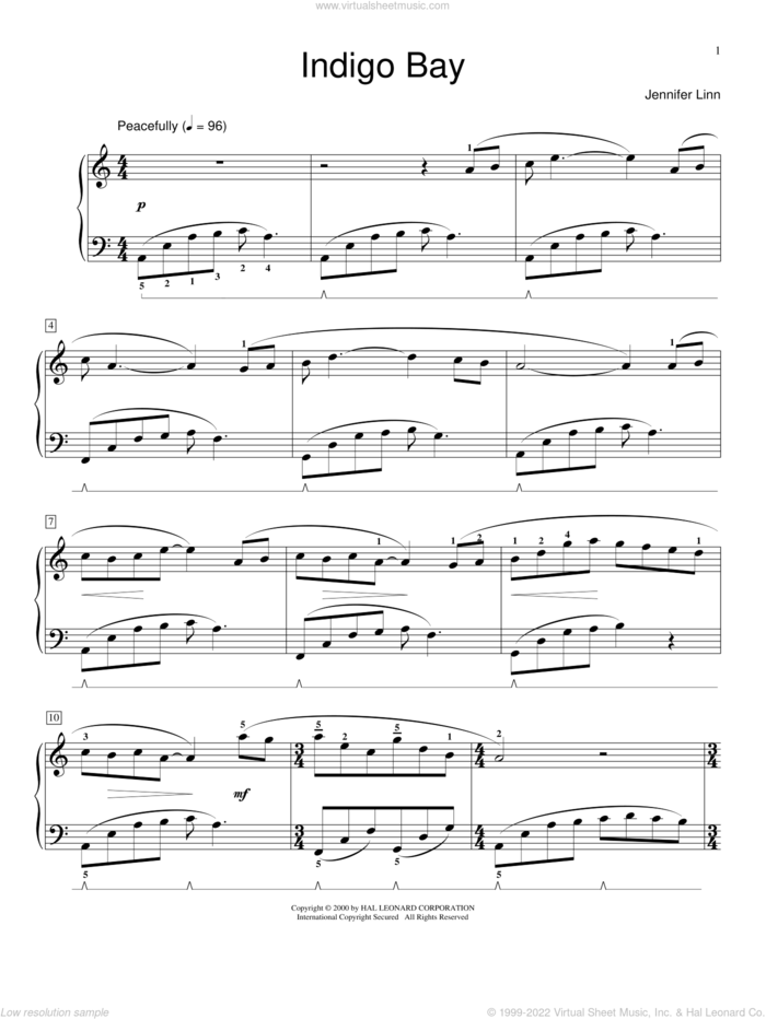 Indigo Bay sheet music for piano solo (elementary) by Jennifer Linn and Miscellaneous, beginner piano (elementary)