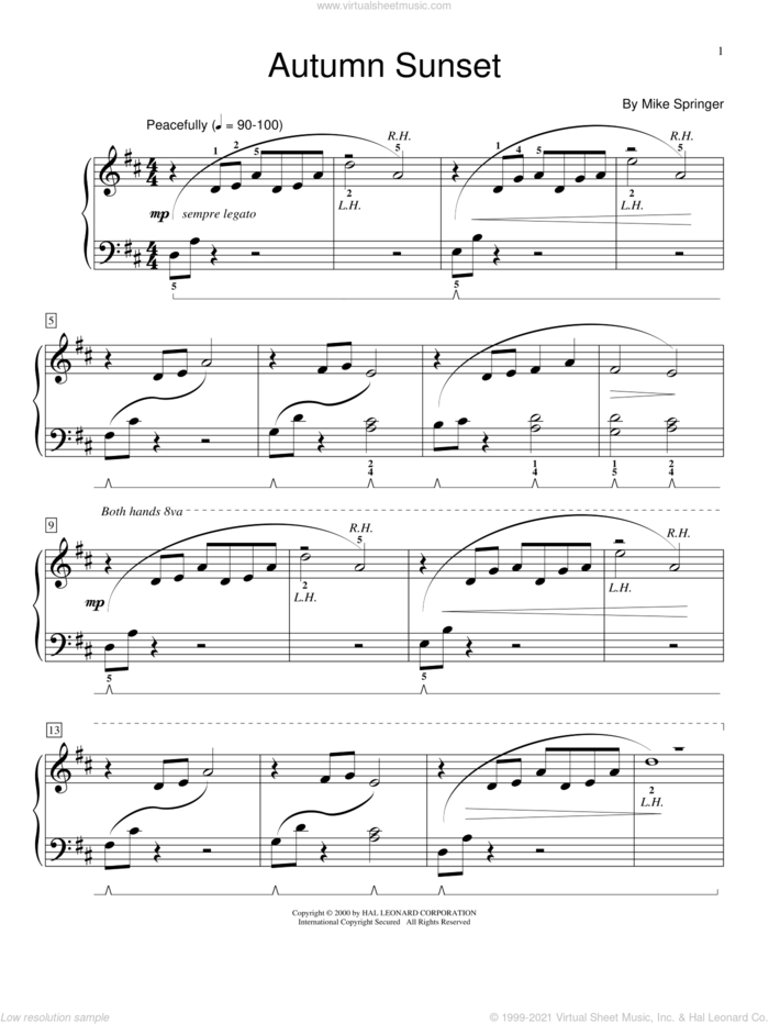 Autumn Sunset sheet music for piano solo (elementary) by Mike Springer and Miscellaneous, beginner piano (elementary)