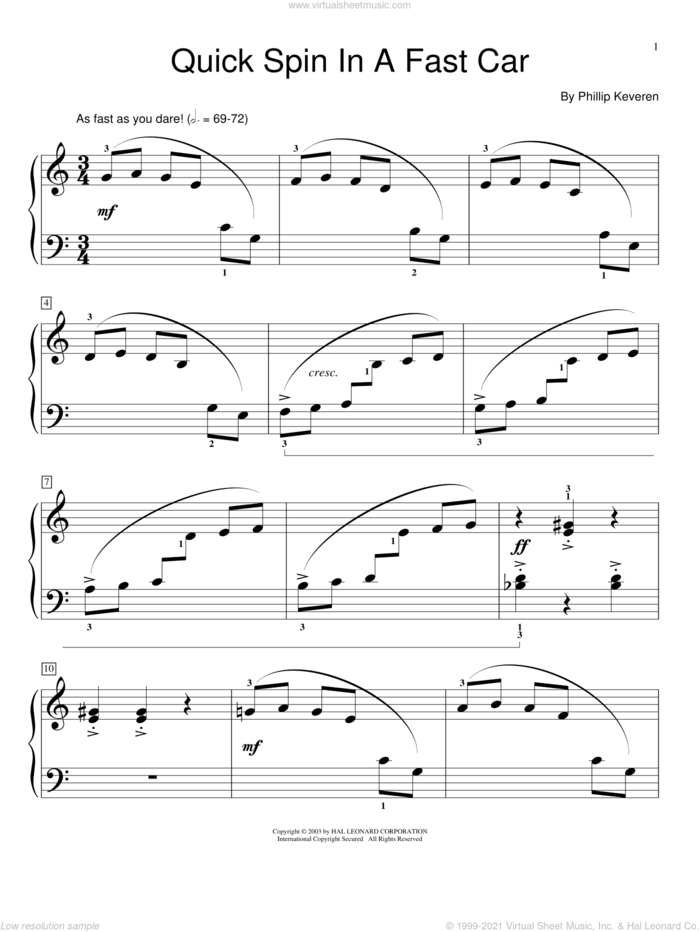 Quick Spin In A Fast Car sheet music for piano solo (elementary) by Phillip Keveren, beginner piano (elementary)