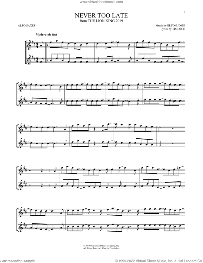 Never Too Late (from The Lion King 2019) sheet music for two alto saxophones (duets) by Elton John and Tim Rice, intermediate skill level