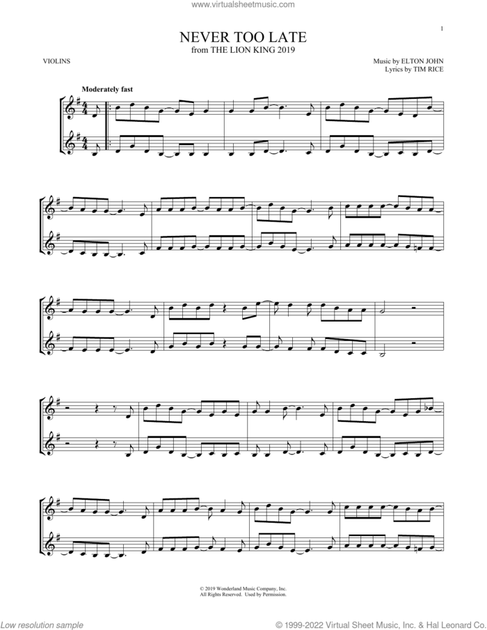 Never Too Late (from The Lion King 2019) sheet music for two violins (duets, violin duets) by Elton John and Tim Rice, intermediate skill level